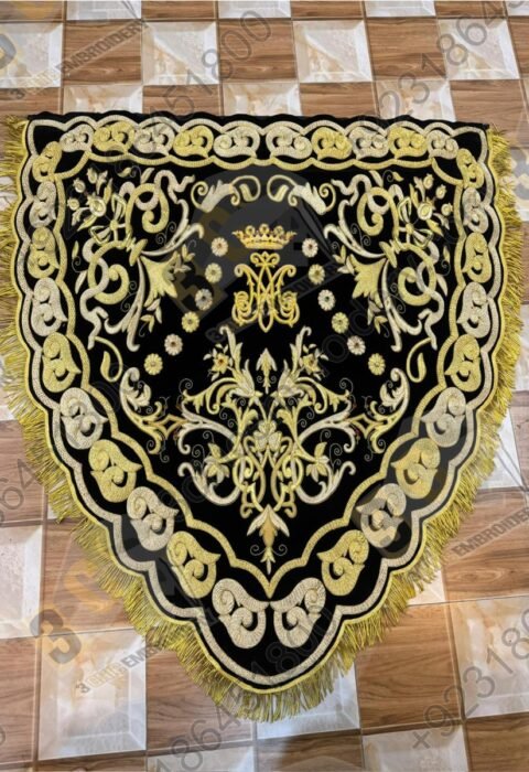 Hand embroidered goldwork church banner on black velvet by 3CHIC Embroidery