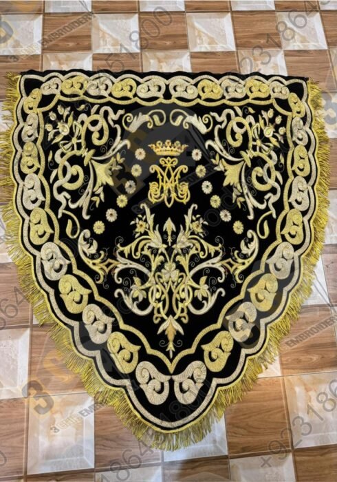 Hand embroidered goldwork church banner on black velvet by 3CHIC Embroidery