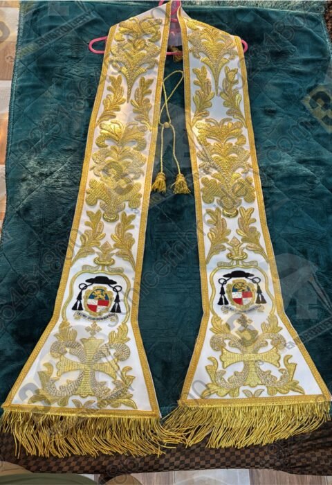 Luxury hand embroidered goldwork church stole with ecclesiastical motifs