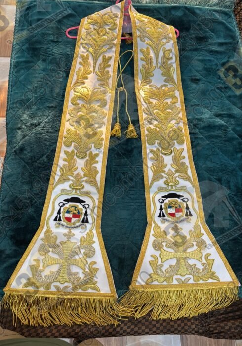 Luxury hand embroidered goldwork church stole with ecclesiastical motifs