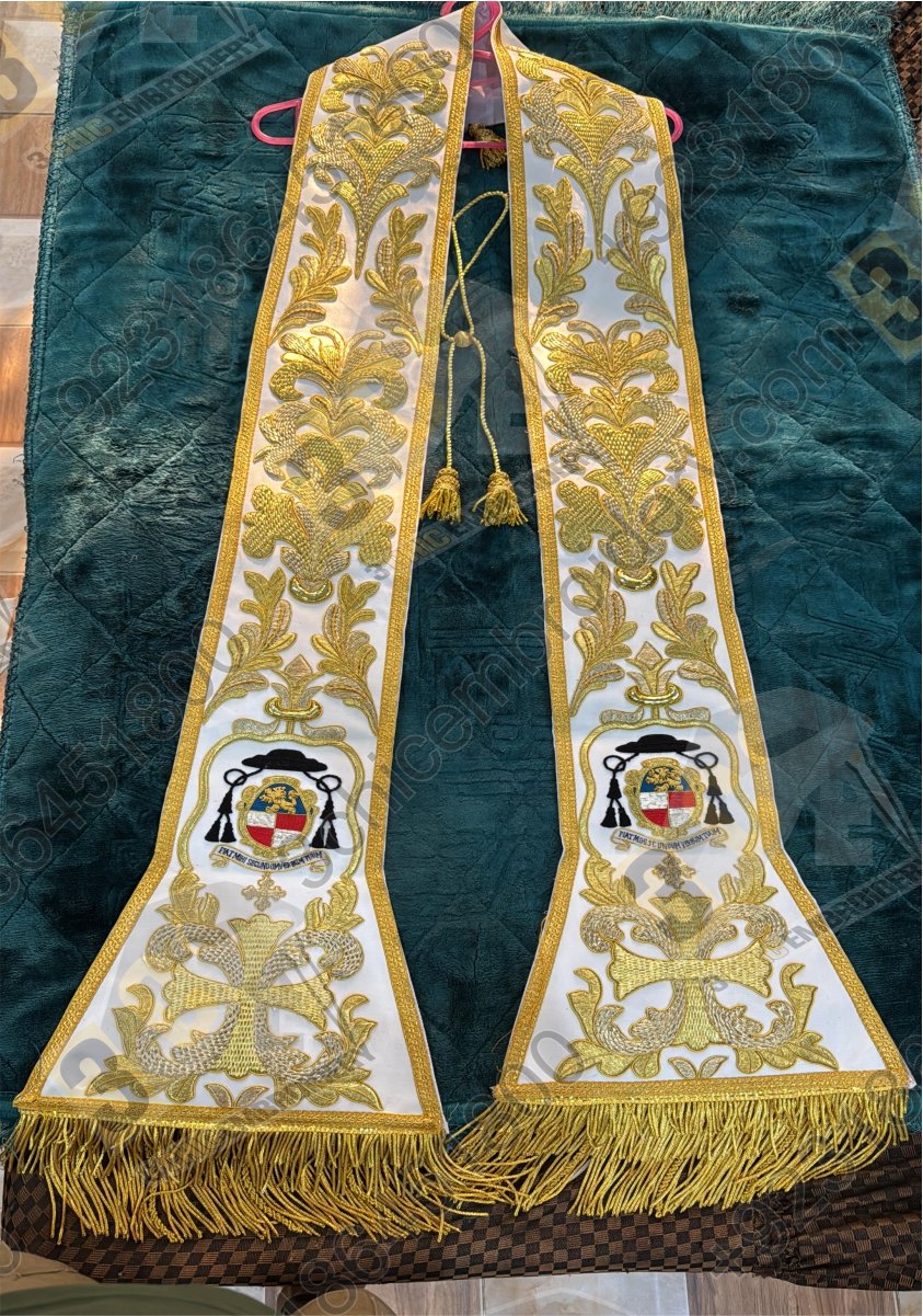 Luxury hand embroidered goldwork church stole with ecclesiastical motifs