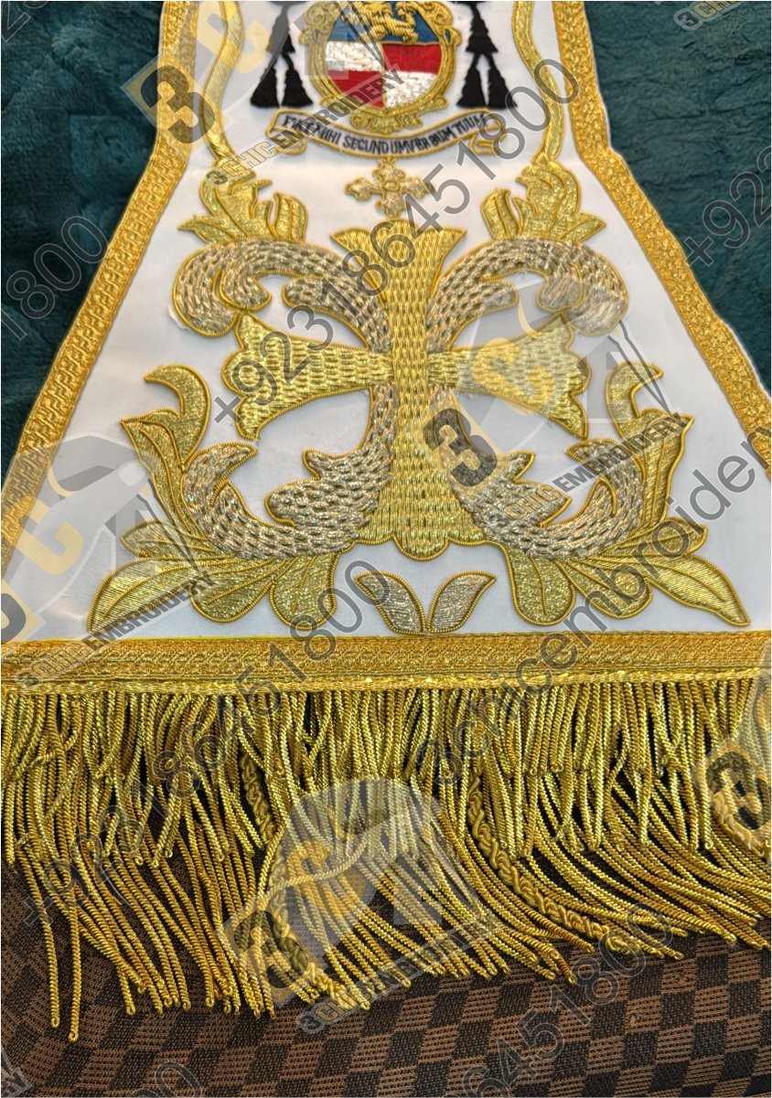 Luxury hand embroidered goldwork church embroidery for Catholic liturgical vestments and banners made for France, Spain and Europe
