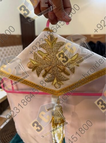 Luxury hand embroidered goldwork church embroidery for Catholic liturgical vestments and banners made for France, Spain and Europe