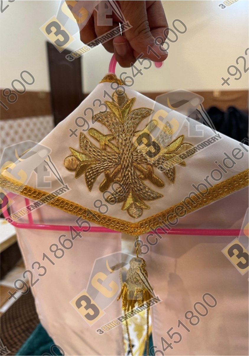 Luxury hand embroidered goldwork church embroidery for Catholic liturgical vestments and banners made for France, Spain and Europe
