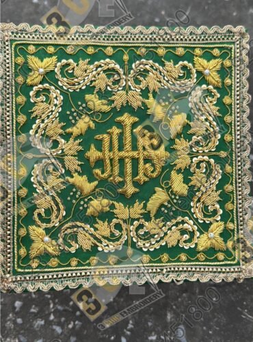 Luxury hand embroidered goldwork church embroidery for Catholic liturgical vestments and banners made for France, Spain and Europe