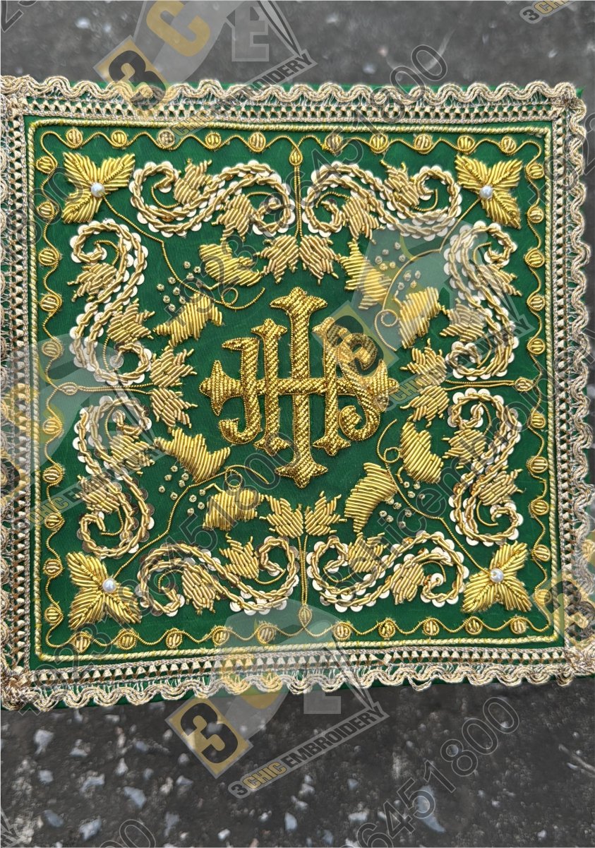 Luxury hand embroidered goldwork church embroidery for Catholic liturgical vestments and banners made for France, Spain and Europe