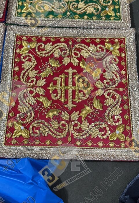 Luxury hand embroidered goldwork church embroidery for Catholic liturgical vestments and banners made for France, Spain and Europe