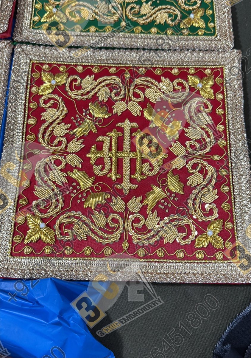 Luxury hand embroidered goldwork church embroidery for Catholic liturgical vestments and banners made for France, Spain and Europe