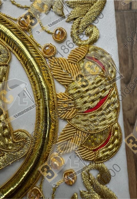 Luxury hand embroidered goldwork church embroidery for Catholic liturgical vestments and banners made for France, Spain and Europe
