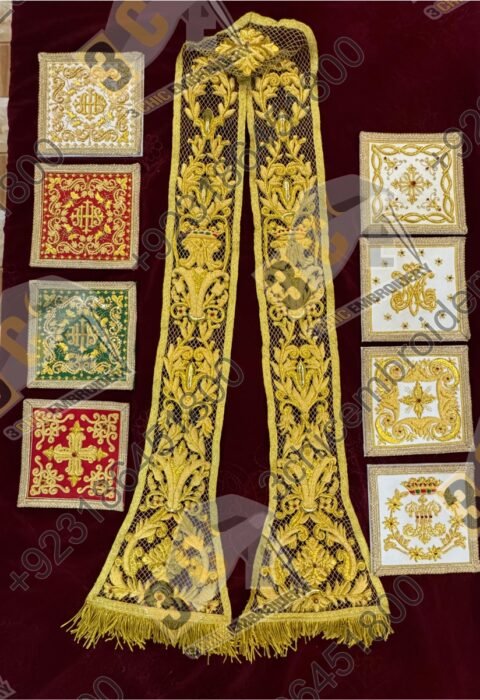 Luxury hand embroidered goldwork church embroidery for Catholic liturgical vestments and banners made for France, Spain and Europe