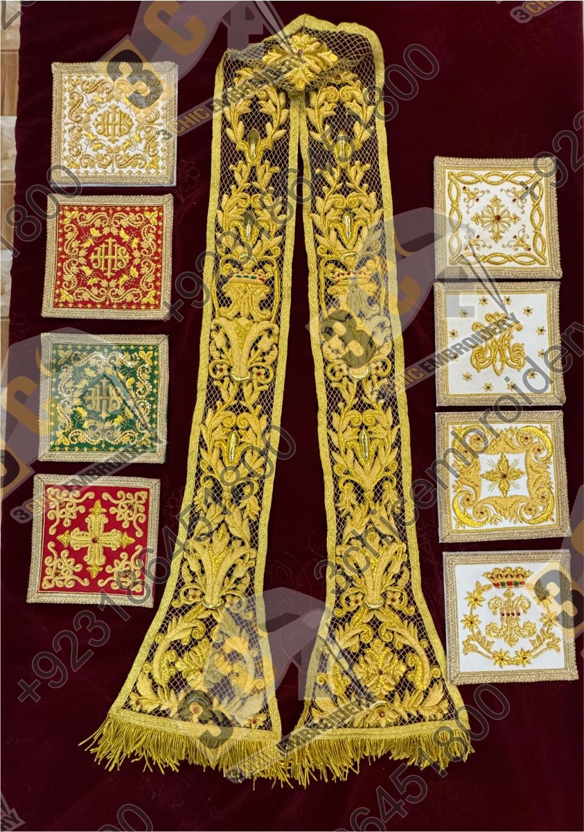 Luxury hand embroidered goldwork church embroidery for Catholic liturgical vestments and banners made for France, Spain and Europe