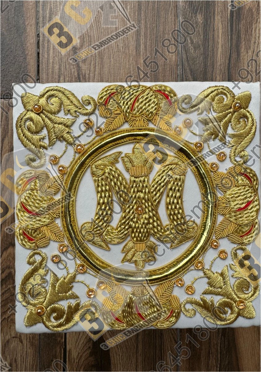 Luxury hand embroidered goldwork church embroidery for Catholic liturgical vestments and banners made for France, Spain and Europe