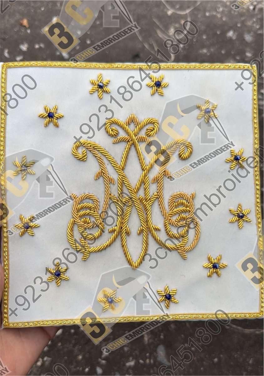 Luxury hand embroidered goldwork church embroidery for Catholic liturgical vestments and banners made for France, Spain and Europe