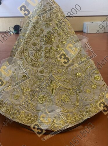 Luxury hand embroidered goldwork church embroidery for Catholic liturgical vestments and banners made for France, Spain and Europe
