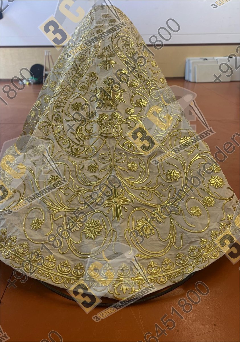 Luxury hand embroidered goldwork church embroidery for Catholic liturgical vestments and banners made for France, Spain and Europe