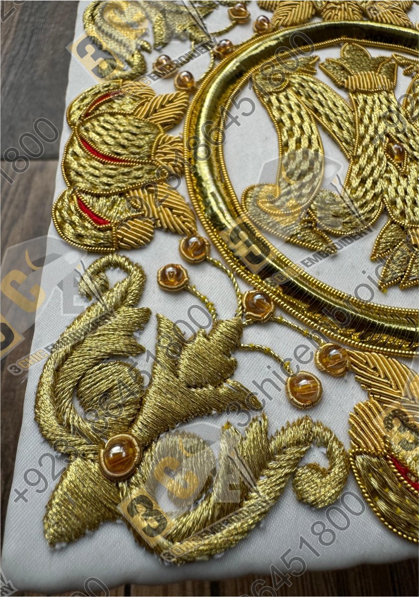 Luxury hand embroidered goldwork church embroidery for Catholic liturgical vestments and banners made for France, Spain and Europe