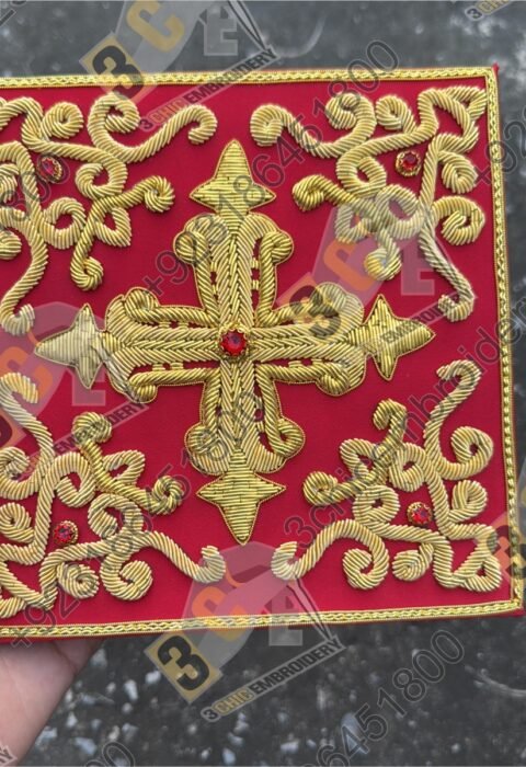 Luxury hand embroidered goldwork church embroidery for Catholic liturgical vestments and banners made for France, Spain and Europe