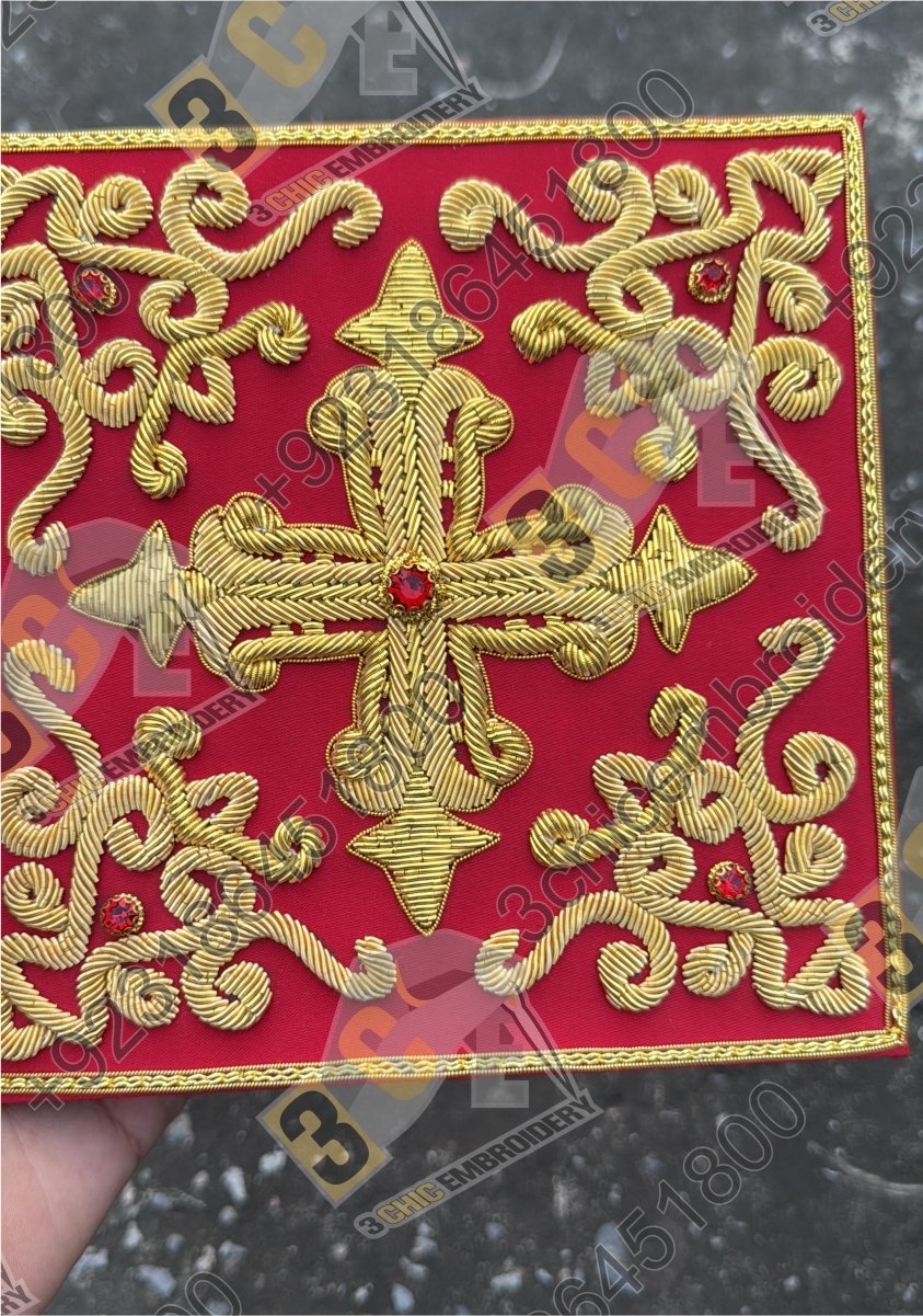 Luxury hand embroidered goldwork church embroidery for Catholic liturgical vestments and banners made for France, Spain and Europe
