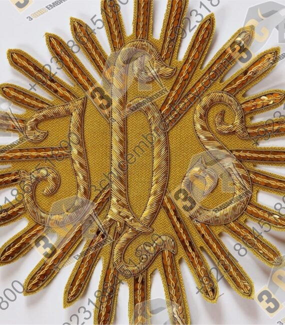 Hand embroidered goldwork liturgical textile for Catholic churches in the United Kingdom and Europe