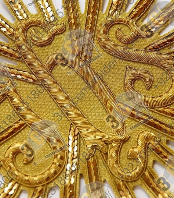 Hand embroidered goldwork liturgical textile for Catholic churches in the United Kingdom and Europe