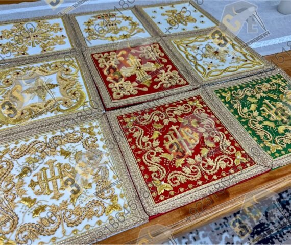 Hand embroidered goldwork liturgical textile for Catholic churches in the United Kingdom and Europe